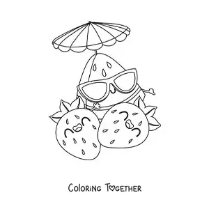 Coloring page of two strawberries and a cartoon watermelon wearing sunglasses