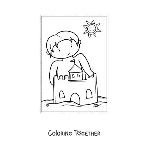 Coloring page of a boy with a sandcastle in summer