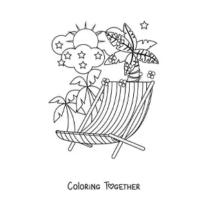 Coloring page of a beach chair and a summer landscape
