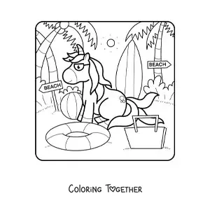 Coloring page of a unicorn on summer vacation