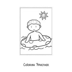 Coloring page of a child at the sea in summer