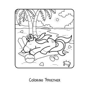 Coloring page of a unicorn resting on a beach