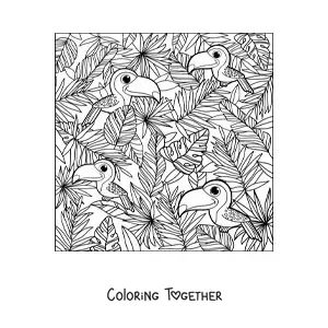 Coloring page of several kawaii toucans in summer