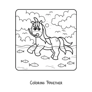 Coloring page of a unicorn at the sea in summer
