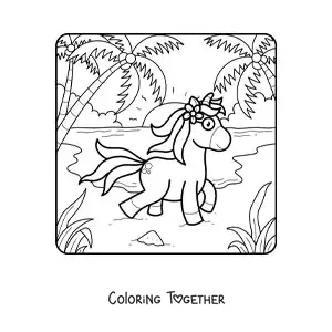 Coloring page of a unicorn out for a walk in summer