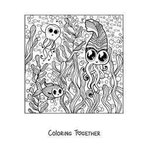 Coloring page of several kawaii sea animals