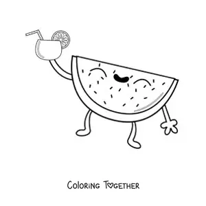 Coloring page of a summery cartoon watermelon drinking a smoothie