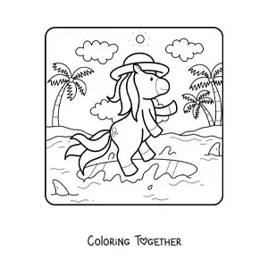 Coloring page of a unicorn in a summer landscape