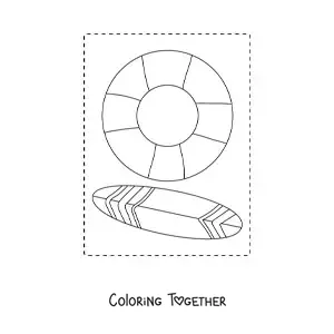 Coloring page of a surfboard and a life ring