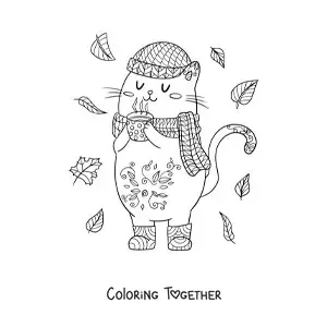 Coloring page of a cartoon cat in autumn