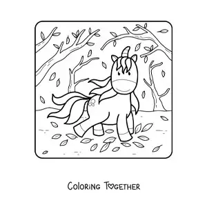 Coloring page of a kawaii unicorn in autumn