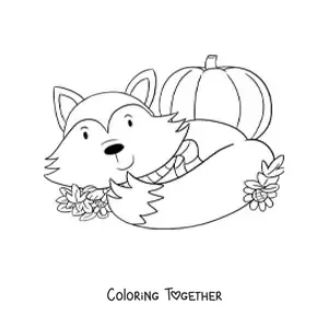 Coloring page of a kawaii fox with autumn leaves and a pumpkin