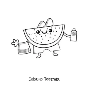 Coloring page of a summery animated watermelon with a towel and sunscreen