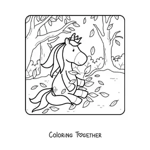 Coloring page of a unicorn playing with autumn leaves