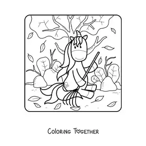 Coloring page of a cartoon unicorn sweeping autumn leaves