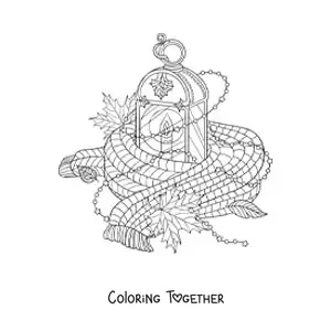 Coloring page of a scarf and dry leaves next to a lantern as autumn elements