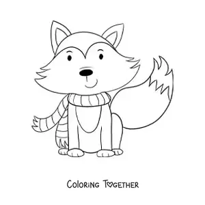 Coloring page of a cartoon fox wearing a scarf for autumn