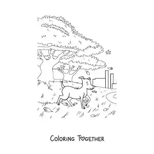 Coloring page of a dog and an autumn landscape
