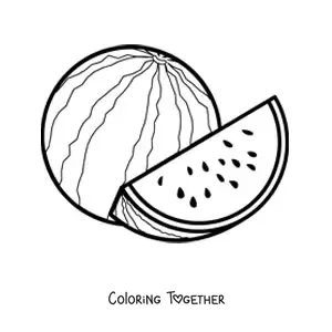 Coloring page of a whole watermelon next to a piece of watermelon