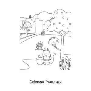 Coloring page of a squirrel in an autumn landscape