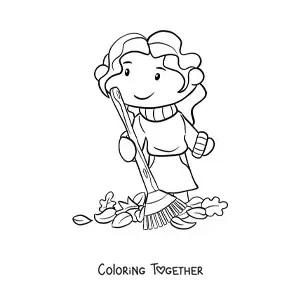 Coloring page of a girl with autumn leaves
