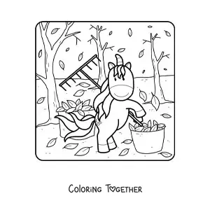 Coloring page of a unicorn and several autumn leaves