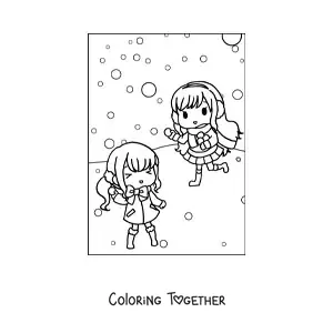 Coloring page of two kawaii girls in winter