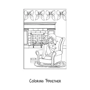 Coloring page of a girl sitting by the fireplace in winter