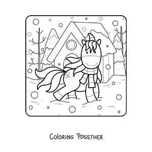 Coloring page of a unicorn out for a walk in winter
