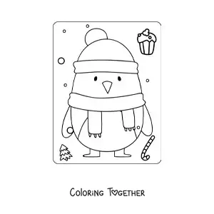 Coloring page of a kawaii penguin in winter