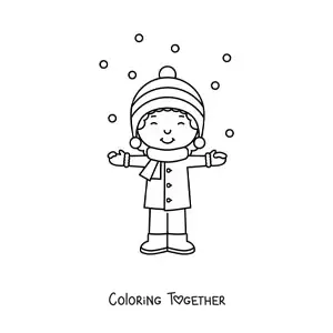 Coloring page of a happy child in winter