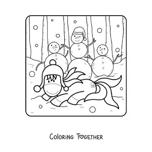 Coloring page of a unicorn with several snowmen