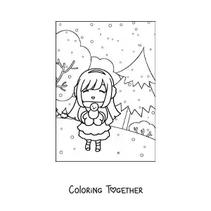 Coloring page of a girl in a winter forest