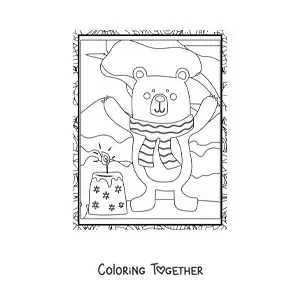 Coloring page of an animated bear in winter