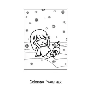 Coloring page of a kawaii girl in a winter snowfall
