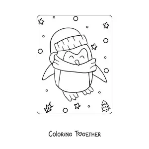 Coloring page of a kawaii penguin with a scarf