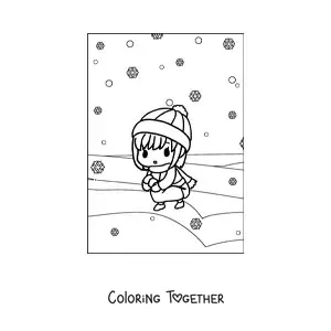 Coloring page of a kawaii girl playing in the snow