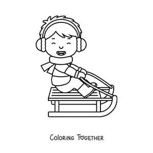 Coloring page of a happy child on a sled