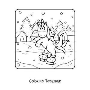 Coloring page of a unicorn ice skating in winter