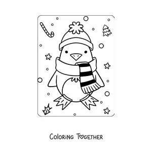 Coloring page of a kawaii penguin with a scarf in winter