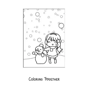 Coloring page of a kawaii girl in a snowfall with a snowman