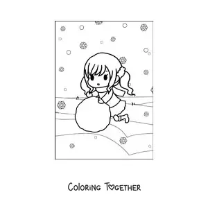 Coloring page of a kawaii girl with a giant snowball