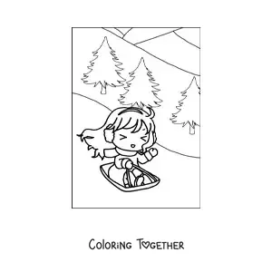Coloring page of a happy girl on a sled