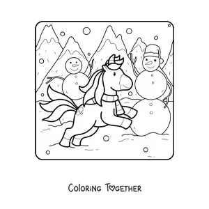 Coloring page of a unicorn next to several snowmen