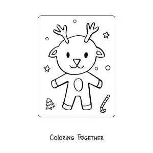 Coloring page of a happy animated reindeer in winter