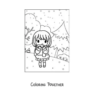 Coloring page of a kawaii girl in a winter landscape