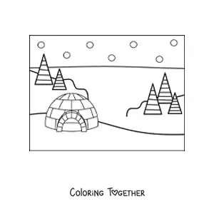 Coloring page of a snowy landscape with an igloo