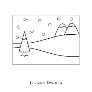 Coloring page of a forest with snowy pine trees