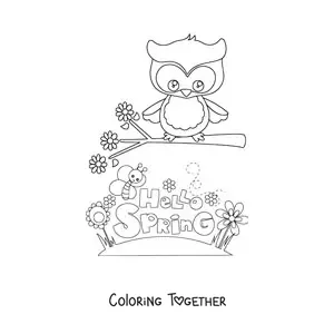 Coloring page of an owl and a bee next to the word spring