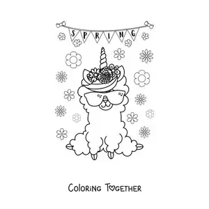 Coloring page of a kawaii llama next to the word spring